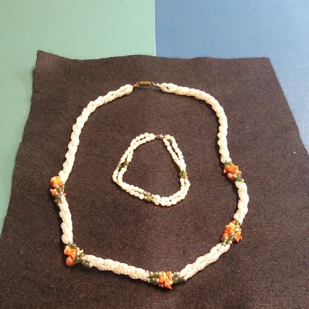 Elegant Three Strand Pearl/Jade/Coral Beaded Twisted Necklace & Bracelet